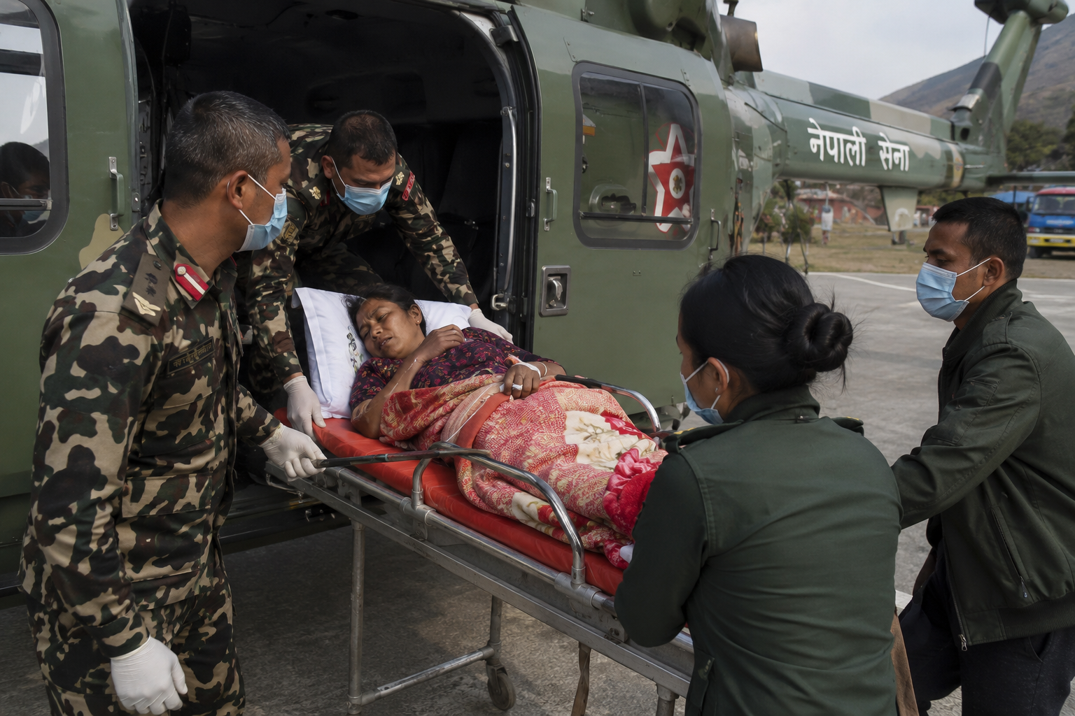 गर्भवती महिलाको सेनाको हेलिकप्टरमार्फत उद्धार, थप उपचारका लागि सुर्खेत रिफर गर्भवती महिलाको सेनाको हेलिकप्टरमार्फत उद्धार, थप उपचारका लागि सुर्खेत रिफर