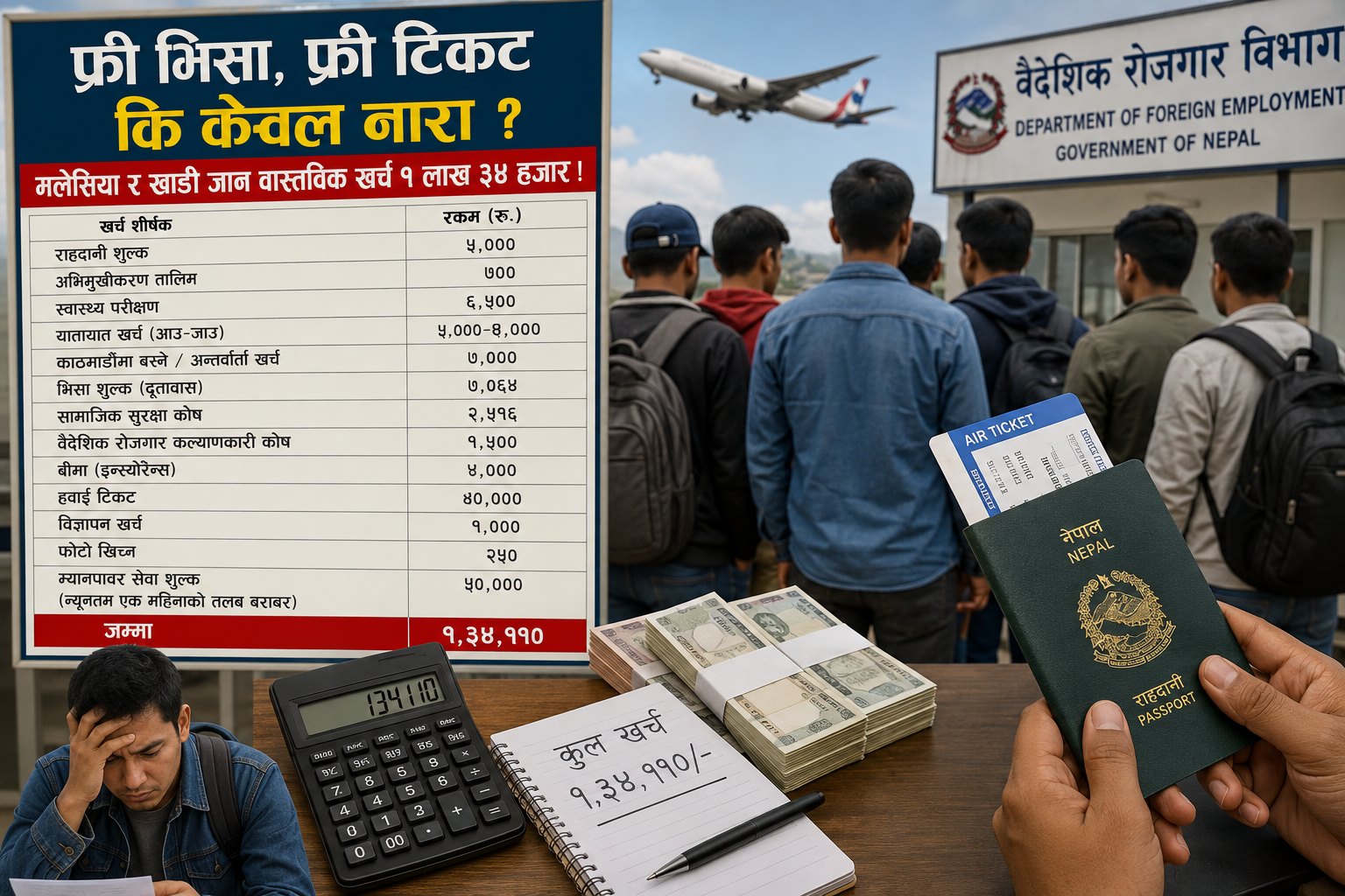 ‘फ्री भिसा, फ्री टिकट’ केवल नारामै सीमित ? विदेश जान श्रमिकलाई अझै १ लाख ३४ हजार खर्च ! ‘फ्री भिसा, फ्री टिकट’ केवल नारामै सीमित ? विदेश जान श्रमिकलाई अझै १ लाख ३४ हजार खर्च !