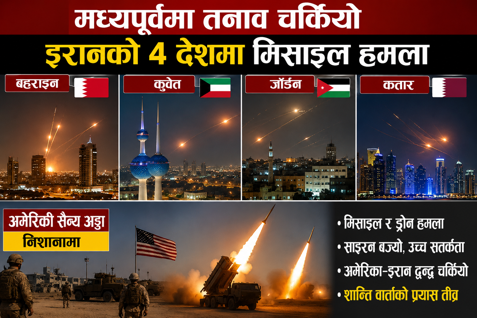 मध्यपुर्वका चार देशमा रहेका अमेरिकी सैन्य अड्डामाथि एकैसाथ इरानी हमला मध्यपुर्वका चार देशमा रहेका अमेरिकी सैन्य अड्डामाथि एकैसाथ इरानी हमला