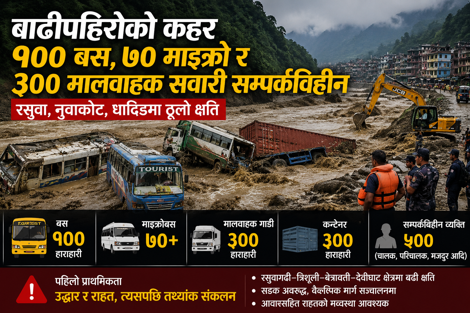 बाढीपहिरोको कहर : १०० बस, ७० माइक्रो र ३०० मालवाहक सवारी सम्पर्कविहीन बाढीपहिरोको कहर : १०० बस, ७० माइक्रो र ३०० मालवाहक सवारी सम्पर्कविहीन