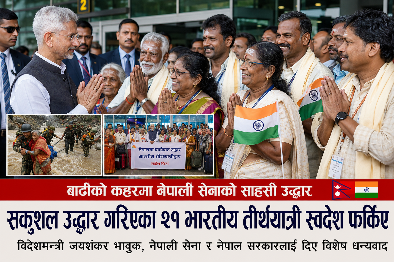 बाढीको कहरबाट जोगिएका २१ भारतीय तीर्थयात्री स्वदेश फर्किए, जयशंकरले गरे नेपाली सेना र सरकारको प्रशंसा बाढीको कहरबाट जोगिएका २१ भारतीय तीर्थयात्री स्वदेश फर्किए, जयशंकरले गरे नेपाली सेना र सरकारको प्रशंसा